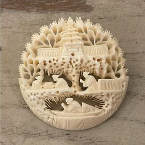 Art Deco Era- Ornate Asian Scene Vintage Carved Celluloid 1930s Brooch